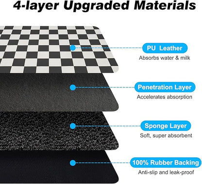 Checkered Dog Food Mat, Absorbent Leak-Proof Pet Feeding Mat, Quick Dry Cat Food Mat for Messy Drinkers 16" x 24" Black