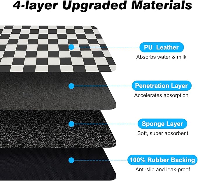 Checkered Dog Food Mat, Absorbent Leak-Proof Pet Feeding Mat, Quick Dry Cat Food Mat for Messy Drinkers 17" x 32" Black