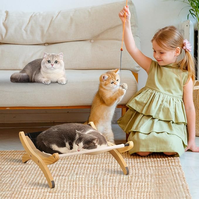 Cat Bed for Indoor Cats, Solid Wood Raised Pet Hammock with Washable Canvas Cover, Adjustable Cat Sleeping Perch Holding 40 lb