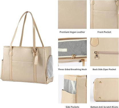 Stylish Dog Purse Carrier, Leather Pet Carrier Bag for Small Dogs Cats Puppy, Airline Approved Soft-Sided Carrier Ivory