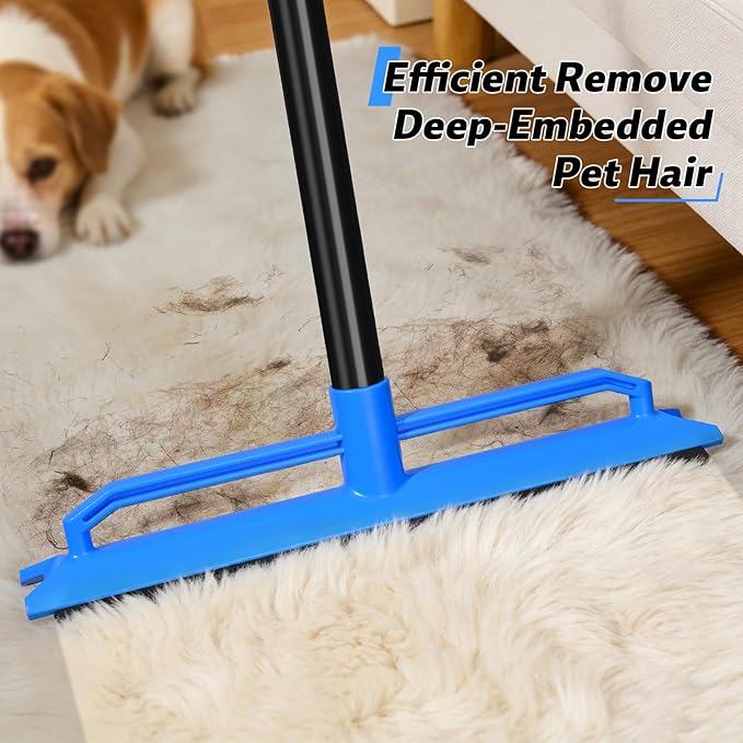 Carpet Rake for Pet Hair Removal Tool,2 in 1 Carpet Scraper Fur Sweep Dog Cat Hair Remover with 60" Long Handle for Carpets, Rugs, Couch,Sofa, Furniture,Blue
