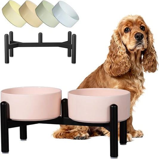 Ceramic Elevated Dog Bowl Set - Dog Feeder Station with Cute-Style Double Bowls for Small and Medium Size Breed - Non-Slip Raised Dish for Food and Water Feeding- 6 Inch - 3.5 Cups / 20 fl oz - Pink