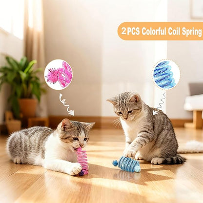 11-Piece Interactive Cat Toys for Indoor Cats, 2 Bendable Rope Toys, 4 Mice, 2 Springs, 2 Bell Balls & Feather Teaser - Kitten Chew Toys and Cat Supplies