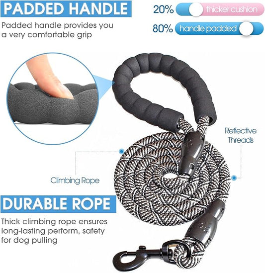 BAAPET 2/4/5/6 FT Dog Leash with Comfortable Padded Handle and Highly Reflective Threads for Small Medium and Large Dogs (5FT-1/2'', Black Silver)