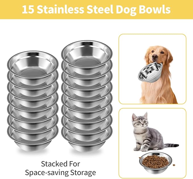 15 Pcs Stainless Steel Dog Bowls, Metal Cat Dog Water Food Bowl, Small Dogs Bowls, Pet Bowls, Puppy Dogs Dish, Pet Water Bowl for Small Cats Rabbits Puppy (15 fl oz)