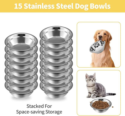 15 Pcs Stainless Steel Dog Bowls, Metal Cat Dog Water Food Bowl, Small Dogs Bowls, Pet Bowls, Puppy Dogs Dish, Pet Water Bowl for Small Cats Rabbits Puppy (15 fl oz)