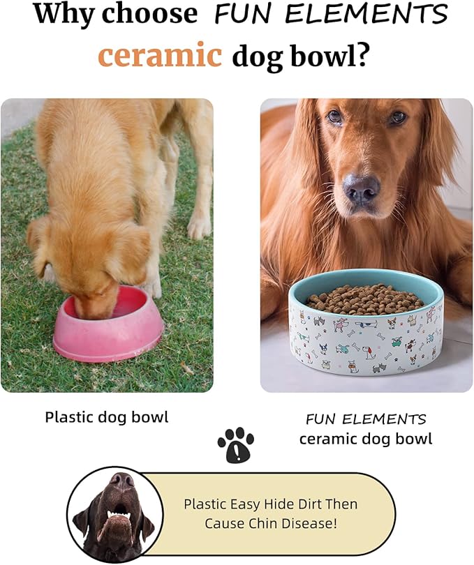 FE FUN ELEMENTS Ceramic Dog Bowls for Small Dogs, 16 Fl Oz Heavy Food and Water Bowl With Adorable Patterns (Small, Blue)