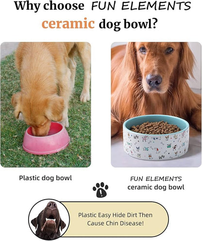 FE FUN ELEMENTS Ceramic Dog Bowls for Small Dogs, 16 Fl Oz Heavy Food and Water Bowl With Adorable Patterns (Small, Blue)