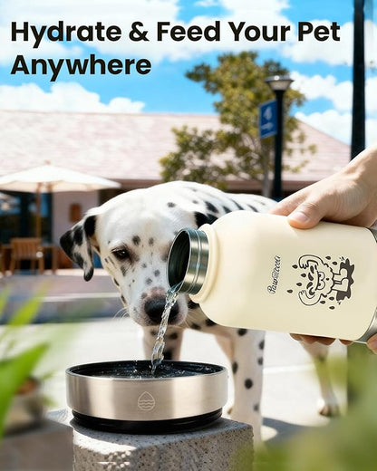 34oz Dog Water Bottle, Stainless Steel Dog Water Bottle Dispenser with Detachable Food & Water Bowls, Keeps Water Hot/Cold, for Walking, Hiking, Camping(Cream)
