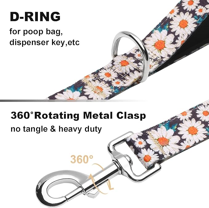 6ft Dog Leash with Two Padded Handles, Heavy Duty Strong Nylon Pet Leash with Soft Neoprene Handle for Small Medium Large Dogs, Daisy