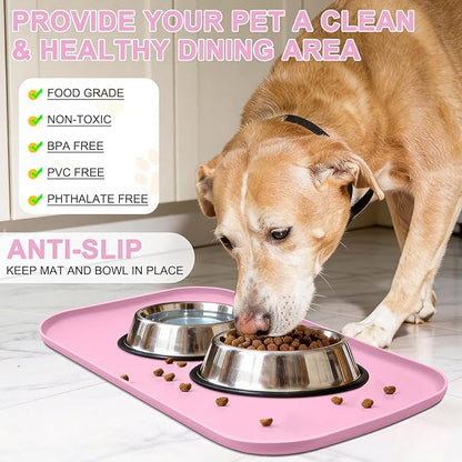 Silicone Pet Food Mat with Raised Edge for Food and Water Bowl, Dog Feeding Mats, Cat Food Trays for Floor Waterproof, Rubber Tray for Dogs and Cats, 22 x 14 x 0.8 Pink