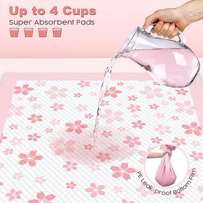 MIZOK Puppy Pads 22"x22", Pee Pads for Dogs 6-Layer Absorbency & Leak-Proof, Pink Cherry Blossom Prints, 4-Corner Adhesive Tabs, Wee Wee Pads for Small Dog Breeds (30 Counts)