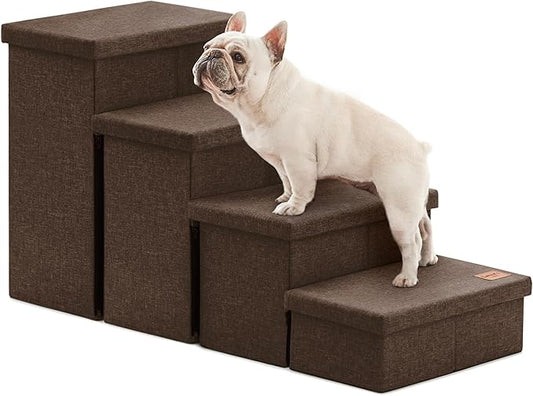 Love's cabin Dog Stairs for Small Medium or Large Dogs with Storage and Adjustable Steps, Foldable Dog Steps for Bed or Couch, 4-Step Coffee Folding Cat Pet Ramp with Zip up to 200 lbs, Coffee