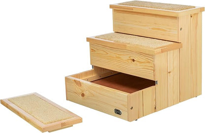 Trixie Wooden Dog Stairs with Nonslip Carpet - 3 Step Pet Stairs for Beds and Couches - with Additional Storage Space - in Natural