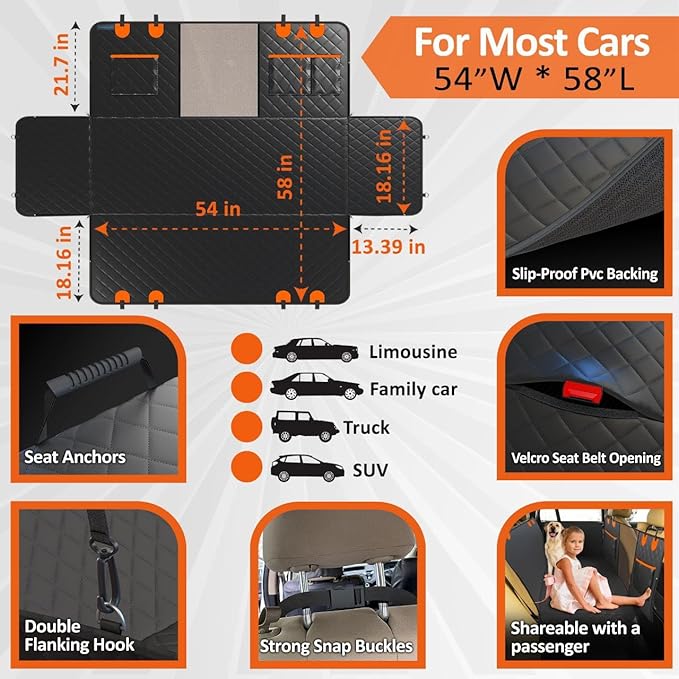 Waterproof,Scratch Resistant Car Backseat Cover for Dogs and Pets.Backseat Protector for Small,Medium,Large Cars SUV Truck.Mesh Window,Useful 3 Pockets,Kid-and-Dog Shareable Backseat