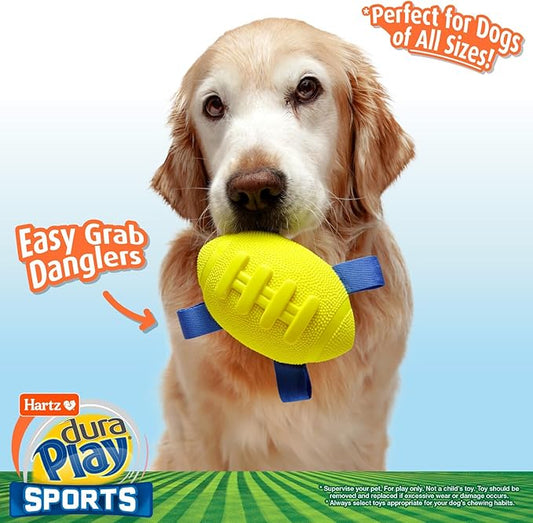 Hartz Dura Play Sports Football Dog Toy, Bacon Scented Squeaky Latex Yellow & Blue Toy, 3 Count