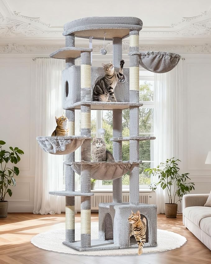 Taoqimiao 72 Inch Cat Tree, XXL Cat Tower for Indoor Cats Large Adult 25Lbs+, Extra-Large Platform, 2 Cat Houses, 7 Scratching Post, Extra-Sized Durable Hammock, Cozy Basket, Light Gray, F20W
