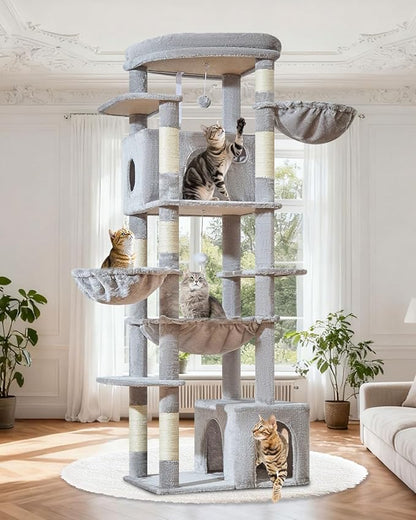 Taoqimiao 72 Inch Cat Tree, XXL Cat Tower for Indoor Cats Large Adult 25Lbs+, Extra-Large Platform, 2 Cat Houses, 7 Scratching Post, Extra-Sized Durable Hammock, Cozy Basket, Light Gray, F20W