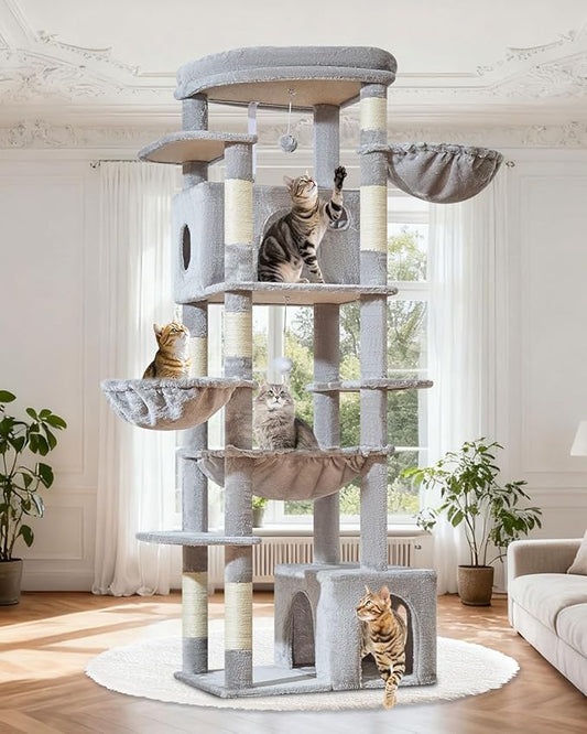 Taoqimiao 72 Inch Cat Tree, XXL Cat Tower for Indoor Cats Large Adult 25Lbs+, Extra-Large Platform, 2 Cat Houses, 7 Scratching Post, Extra-Sized Durable Hammock, Cozy Basket, Light Gray, F20W