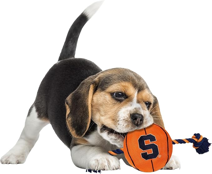 NCAA Syracuse Orange Basketball Rope Toy for Dogs & Cats. Tough Nylon, Sporty Basketball Design, Heavy-Duty Ropes with Inner Squeaker