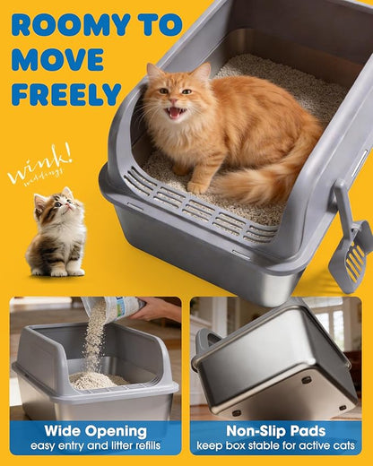 Stainless Steel Cat Litter Box, Metal Litter Box with Scoop, High- Sided, Anti-Leakage Top Entry, Non-Sticky, Easy to Clean, Grey, M (2 Pack)