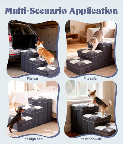 15.4''Dog Stair with Storage, Foldable Dog Steps for Bed with Soft Cover, Lightweight,3-Step Pet Stairs up to 70LBS, Non-Slip Puppy Stairs for Small Medium Dogs Puppy, Cats(Grey)