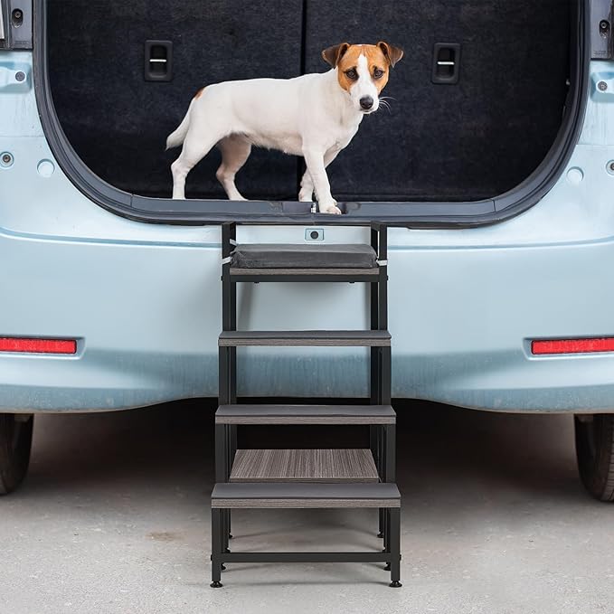 Pet Window Perch with Stairs, Grey Dog Window Perch with Stairs, 4 Steps Dog Bunk Beds with Stairs, Pet Stairs for High Beds with Cushion for Medium Small Sized Pets
