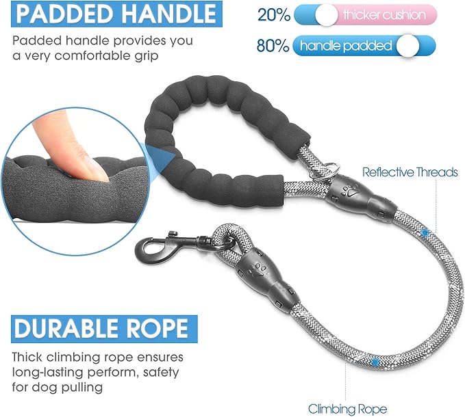 BAAPET 2/4/5/6 FT Dog Leash with Comfortable Padded Handle and Highly Reflective Threads for Small Medium and Large Dogs (2FT-1/2'', Grey)