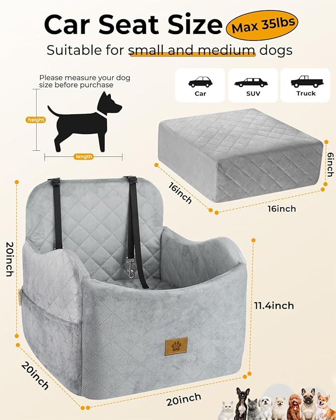 Dog Car Seat for Small/Medium Dogs, Detachable Washable Dog Booster Car Seat Under 35lbs, High-Support Memory Foam,Travel Bed with Storage Pockets