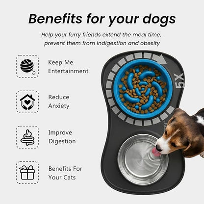 Slow Feeder Dog Bowls Stainless Steel Food and Water Bowl Set 3 in 1 No Spill Waterproof Silicone Pet Food Mat Puppy Feeding Station for Large Medium Small Breed Non Slip Metal Dish Tray by YINEYA