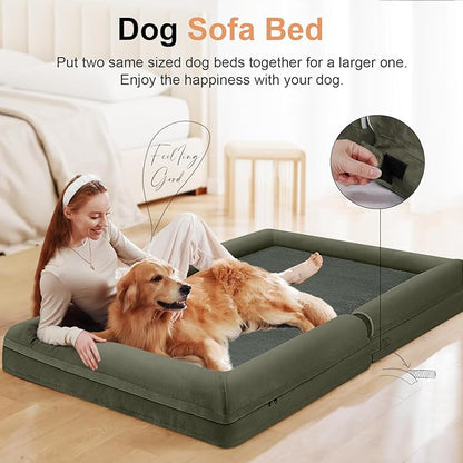 Large Dog Bed Orthopedic Washable: Beds Bolster XL Bed Large Big Dogs Egg Crate Foam Couch Sofa Waterproof with Removable Cover - Dark Green