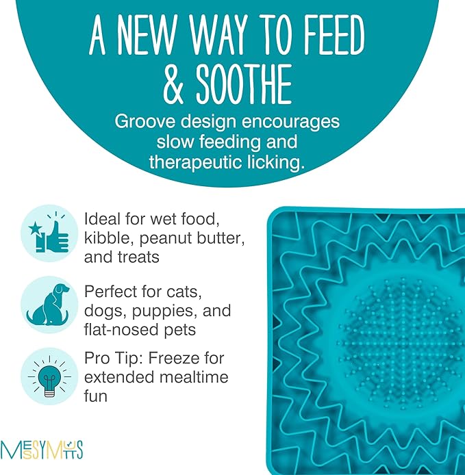 Messy Mutts Framed Silicone Therapeutic Licking Bowl Mat | 9.5" x 9.5" | Slow Feeder Mat for Boredom & Anxiety | Lick Pad for Dogs & Cats | Blue