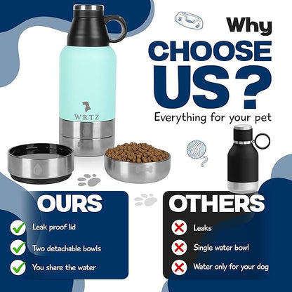 Portable Dog Water Bottle with 2 Removable Water Bowls for Dogs – Leak-Proof Insulated Stainless Steel Dog Water Bottle - Travel Accessories for Dogs - 32oz - Teal