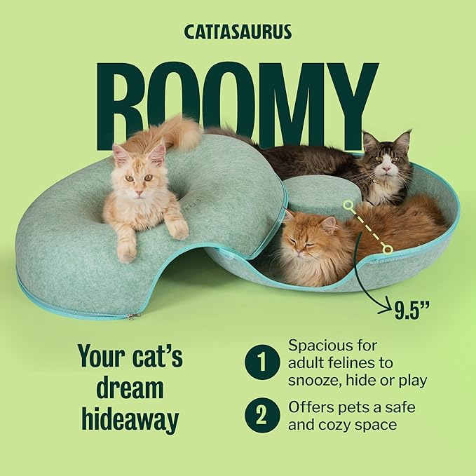 Cattasaurus Peekaboo Cat Cave, Extra Spacious for Multiple & Large Cats 15+ lbs, Scratch Detachable Cat Beds for Indoor Cats, Washable Tunnel Bed, Comfy Donut Tunnel (Sage Mist, Jumbo)