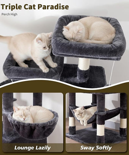 AMHANCIBLE Cat Tree, 70 Inch Cat Tower for Indoor Cats, Multi-Level Cat Tree with Scratching Post, Hammock, Hanging Basket, Large Cat Condos for Adult Cats Kittens, Dark Grey, PT18DG