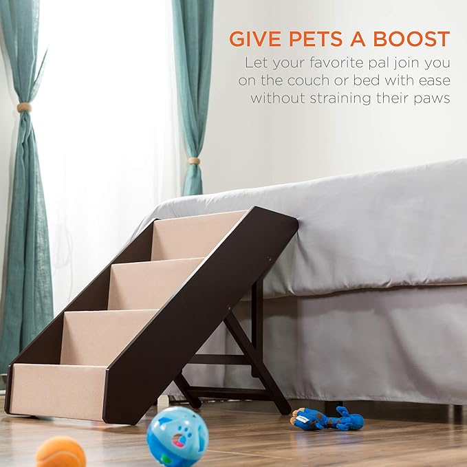 Best Choice Products 4-Step Foldable Adjustable, Non-Slip Wide Wooden Pet Stairs for Living Room, Bedroom, Dog & Cat Sizes Small, Medium, Large w/Carpet, No Assembly, Ideal for Injured, Elderly Pets