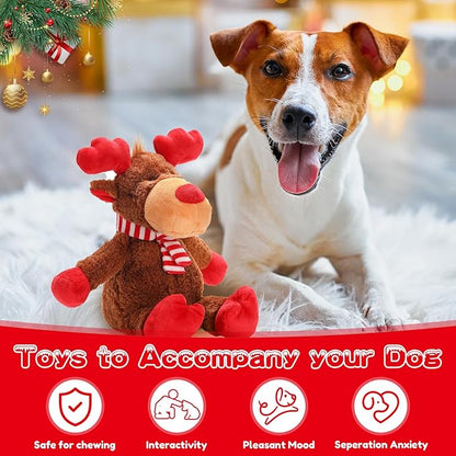 Christmas Dog Toys, Squeaky Dog Toys with Crinkle Paper, Plush Reindeer Toys, Interactive Stuffed Chew Toys, Gifts for Puppy, Small, Medium, Large Dogs