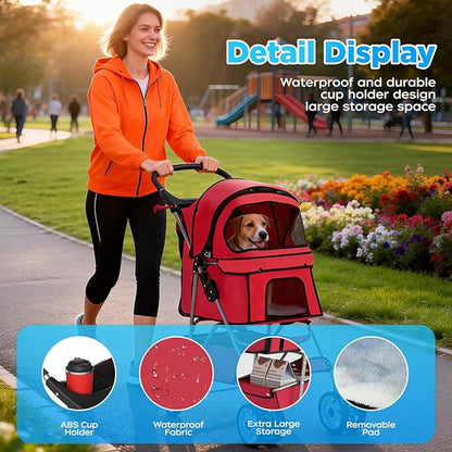 BestOffice Pet Stroller for Small Medium Dogs & Cats, 4-Wheel Foldable Dog Stroller with Cup Holder, Lightweight Travel Carrier, Waterproof Design for Outdoor Walks, Red