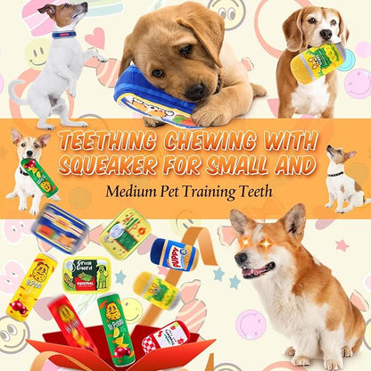 9 Pcs Can Dog Squeaky Plush Toys Set Food Jar Squeaky Toys Bulk Dog Interactive Funny Puppy Teething Chewing with Squeaker for Small and Medium Pet Training Teeth Doggie Birthday Gifts