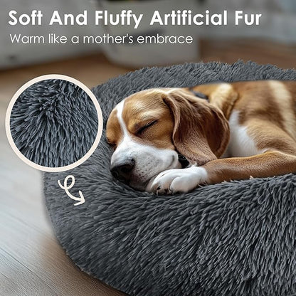 Dogs Bed for Small Dogs, Anti-Anxiety Washable Round Bed (Dark Grey, 24.0" L x 24.0" W x 8.0" Th)