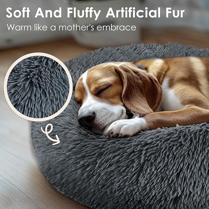 Hoewina Dog & Cat Bed, 20in Cat Beds for Indoor Cats, Calming Donut Bed for Puppy and Kitten, Washable Round Fluffy Pet Bed for Small Medium Dogs and Cats (Dark Grey)