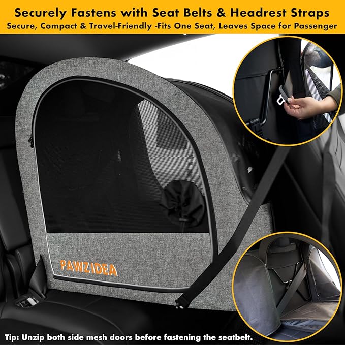 PAWZIDEA Portable Dog Crate for Car Travel, Collapsible Pet Travel Crates for Medium & Large Dogs, Enclosed Soft-Sided Car Kennel Carrier for Backseat, Secures w/Seatbelt & Headrest Strap, Chew-Proof