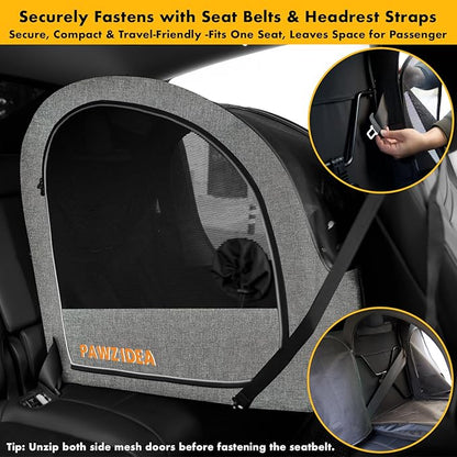 PAWZIDEA Portable Dog Crate for Car Travel, Collapsible Pet Travel Crates for Medium & Large Dogs, Enclosed Soft-Sided Car Kennel Carrier for Backseat, Secures w/Seatbelt & Headrest Strap, Chew-Proof