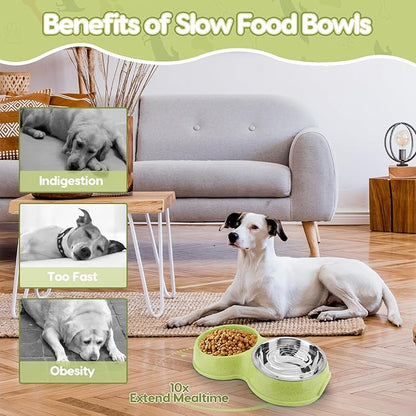 Pets Double Slow Feeder Bowls, Cats & Dogs Food Water Bowls, Stainless Steel Puppy Food and Water Dishes Non-Skid, Pet Feeding Bowl for Small Dogs Puppy Cat (Green)