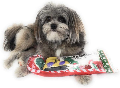 Christmas Dog Stocking Toys. Pack Assorted with Squeaker Inside of Newspaper Toy, Squeaky Boot, a red, Green & White Tennis Ball & red White & Green Knotted Rope Xmas Toy. Small Medium Large Breeds
