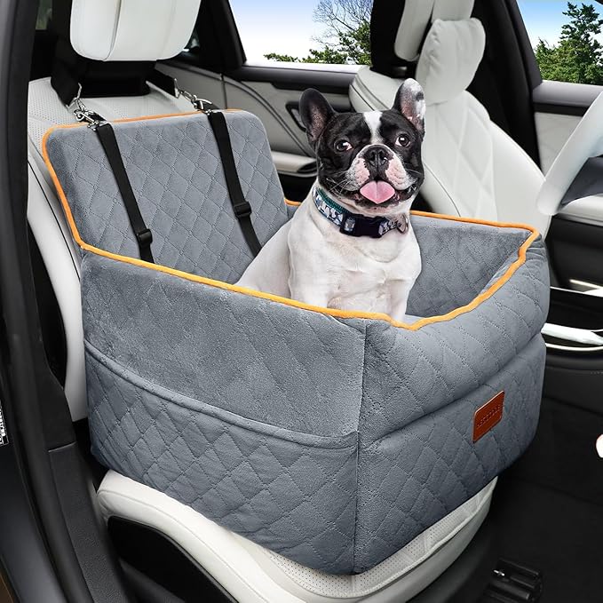 HEGGCOOE Dog Car Seat for Small Medium Dogs, Memory Foam Puppy Dog Booster Seat with Thick Cushion for Dogs Under 35lbs, Detachable Washable Pet Car Seat Travel Bed with Storage Pockets,2 Safety Belts