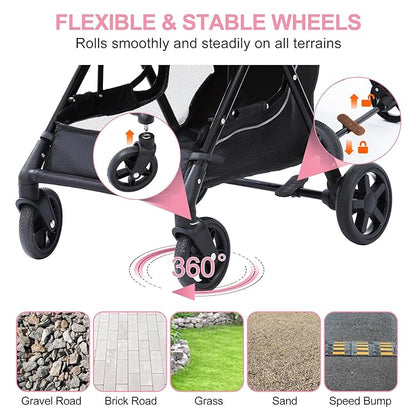 NO-Zip Pet Stroller for Small Dogs & Cats, Lightweight Dog Stroller with Reflective Safety Strips, One-Hand Fold, Claw-Proof Mesh, Breathable Travel Carriage, 33lbs Capacity, Pink