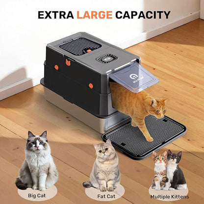 Stainless Steel Litter Box with Lid, Anti-Leakage Enclosed Metal Litter Box, Flip-Top Extra Large Kitty Litter Pan with Scoop & Pedal, Odor Free, Front & Top Dual Entry, Black