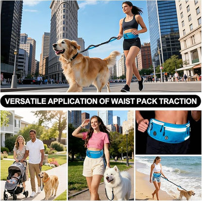 Hands Free Dog Leash with Zipper Pouch, Waist Leash for Dog Walking and Running, Dual Padded Handles, Shock-Absorbing Bungee for Medium to Large Dogs (Blue)