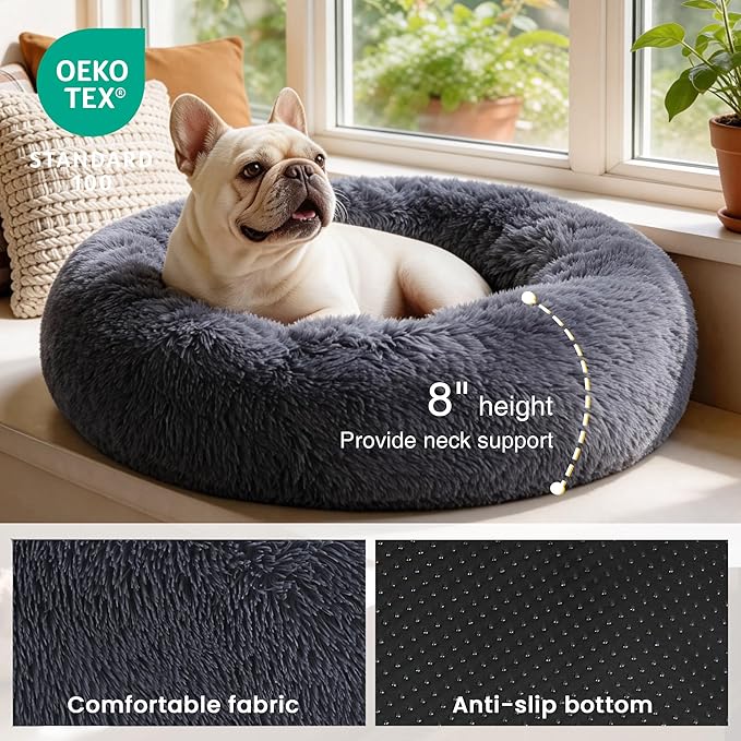 Love's cabin Calming Cat Bed for Indoor Cats, Anti-Anxiety Donut Round Dog Bed, Fluffy Faux Fur Washable Pet Bed for Small Medium Dogs and Cats,Bluish Grey,20in